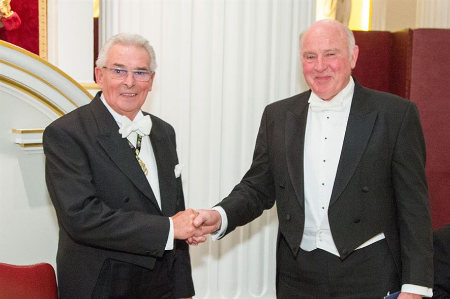 Don Vaughan (right) receiving the Worshipful Company of Fruiterers Ridley Medal from Fruiterers Master Dennis Sturgeon - image: Worshipful Company of Fruiterers