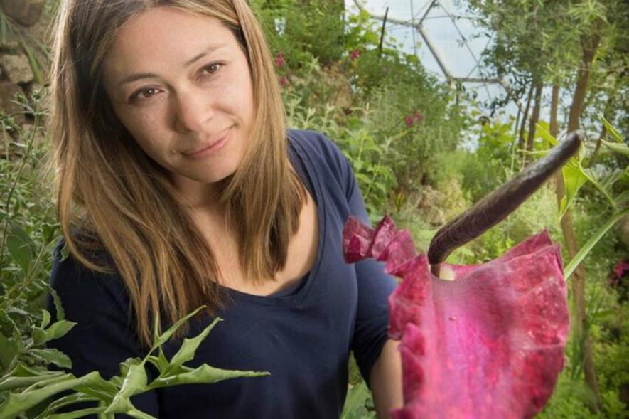 Eden's Angelina Lambourn with one of the dragon arums. Image: Emily Whitfield-Wicks/Eden Project