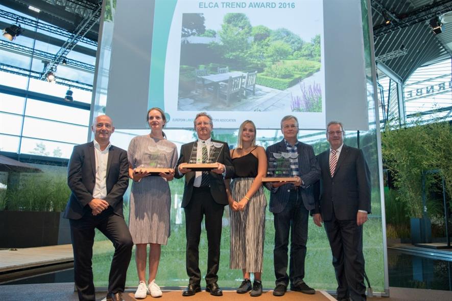 Linden Landscapes' owner Mick Callahan (centre left) collecting the winning award at GaLaBau 2016