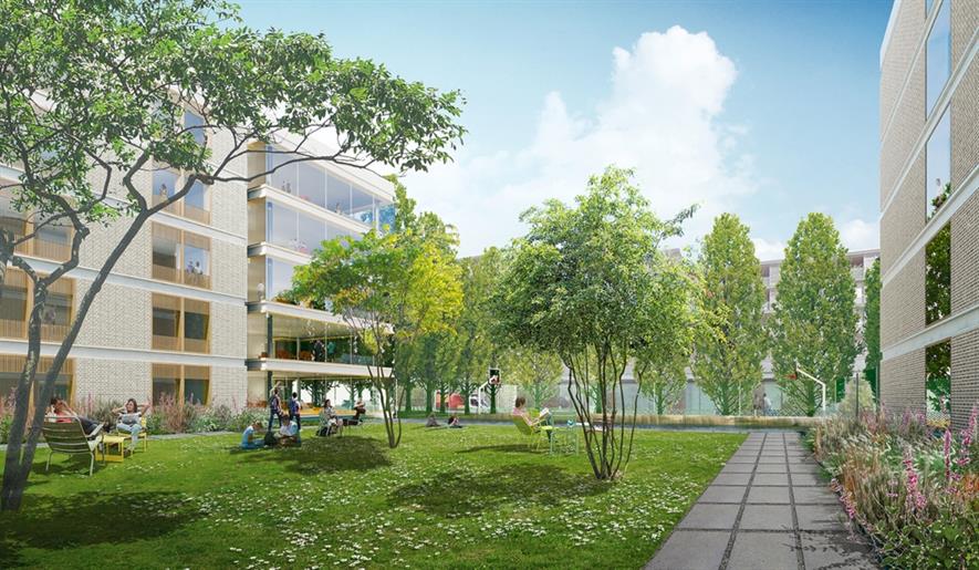Green courtyard in Hopkins Architects group design. Image: Hopkins Architects