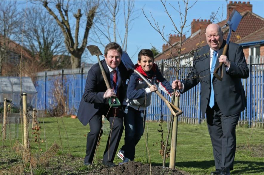 (l-r) St Theresa's headteacher Andrew Tremarco, Kai Milner, Mayor Anderson. Image: Liverpool City CouncilTeresa's