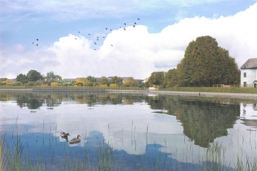 A visualistaion of how the dam and Mill Pond will look after restoration