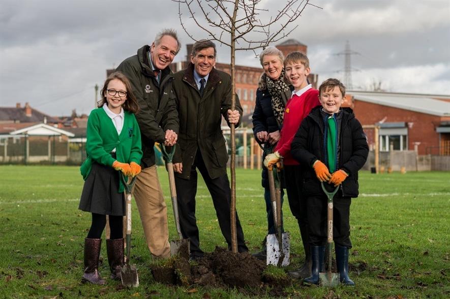 Tree Champion Sir William Worsley, forestry minister David Rutley and Chair of the Woodland Trust Baroness Barbara Young with pupils from St Andrews School, Radcliffe - image: WT