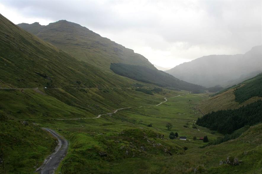The Rest and Be Thankful pass, showing the A83 and Old Military Road - image: Ben Allen (CC BY ND 2.0)