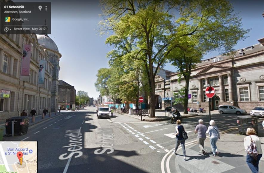 Schoolhill, Aberdeen is currently not very pedestrian-friendly. Image: Google Maps