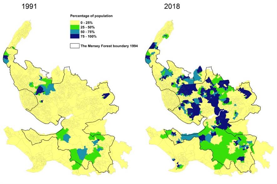 Change in Woodland Access Standard measure of the Mersey Forest area. Mapping: Crown Copyright