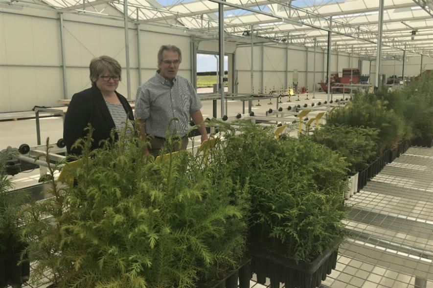 Therese Coffey with Alan Harrison, Head of Plant and Seed Supply at the Forestry Commission