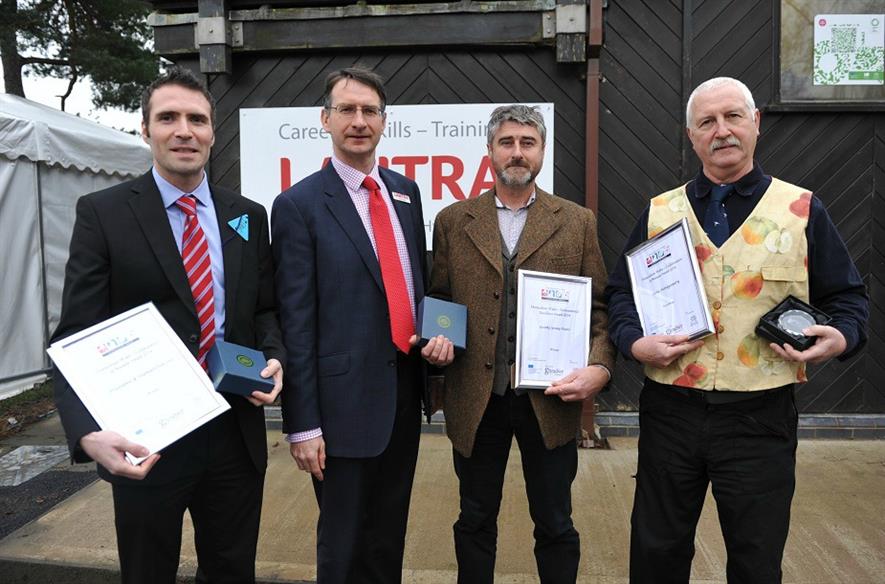 Winners and runners-up with LANTRA’s Kevin Thomas: (From left) Mark Horsman, Development Manager for Fruitapeel, Kevin Thomas, Wales Director for sector skills council Lantra, Charles Warner of Quinky Young Plants, and Old Monty Cider’s John Jenkins,