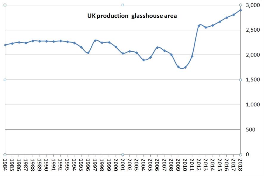 The UK's production glasshouse area has grown nearly 45% in 10 years - figures: Defra