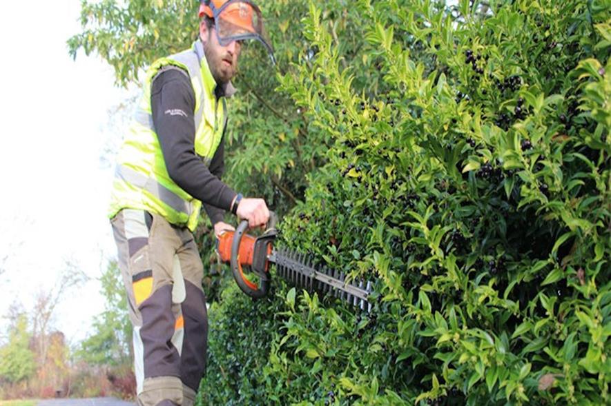 Hedge trimming using battery-powered equipment - image: Exeter City Council