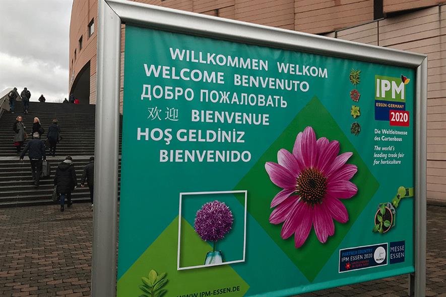 Welcome sign at IPM Essen horticultural show