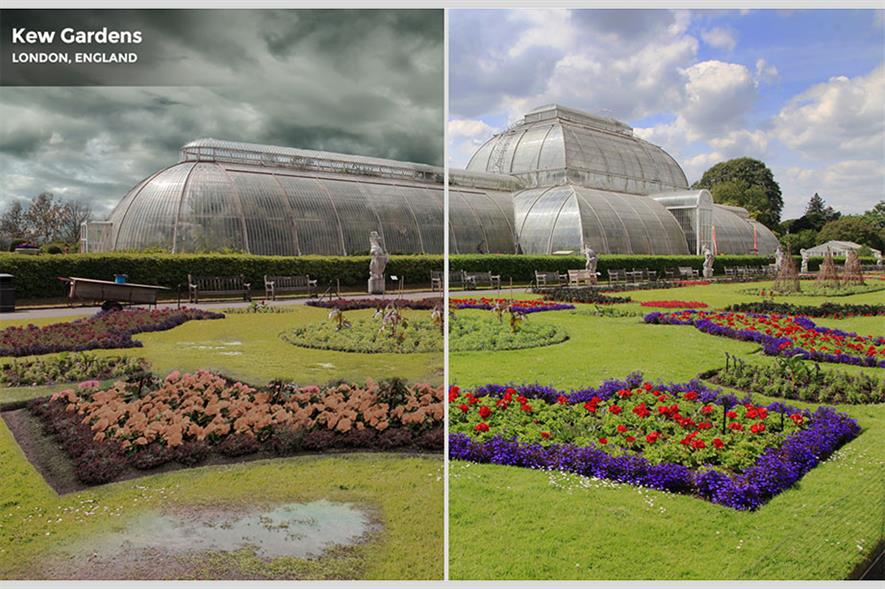 Kew Gardens as it is (right) and how climate change might affect it (left) in a vision by online retailer, Primrose