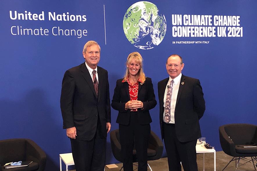 US agriculture secretary Tom Vilsack with National Farmers Union President Minette Batters and Global Dairy Platform exec director Donald Moore at 2021's COP26 conference in Glasgow
