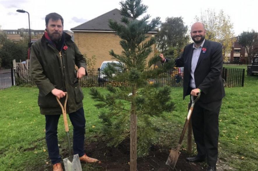 Cllr Jon Burke and Mayor of Hackney Philip Glanville launch the programme by planting a giant redwood - image: Hackney Council