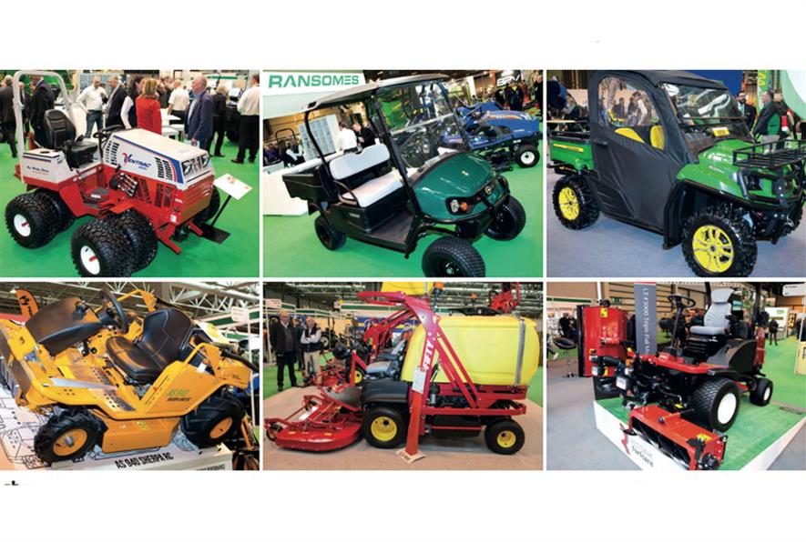 On show (clockwise from top left): Ransomes’ Ventrac 4500 diesel tractor, Cushman Hauler from Ransomes, John Deere Gator XUV 590i, Toro LT-F3000 triple flail mower, Gianni Ferrari Turbo 4 Fifty and AS 940 Sherpa from PSD - images: HW