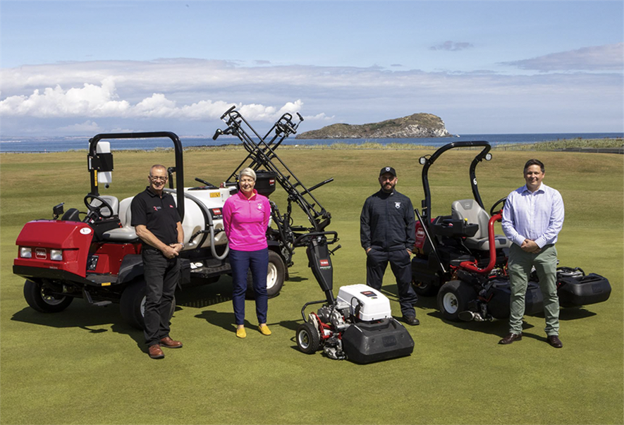 North Berwick’s general manager Elaine McBride and course manager Darren MacLaughlan (centre) with Reesink’s reps Richard Green (right) and Neil Mackenzie. (Credit: North Berwick Golf Club)