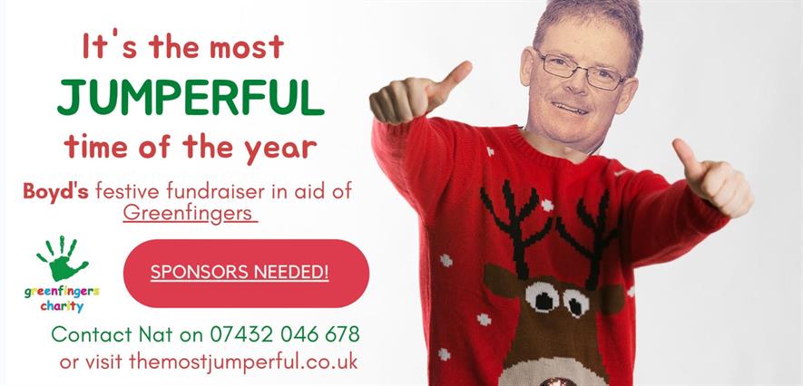 Boyd Douglas Davies is raising money through the Jumperful Christmas campaign for horticultural charity Greenfingers