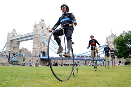Penny farthing riders: cycled to London from Paris to take part in Nocturne race