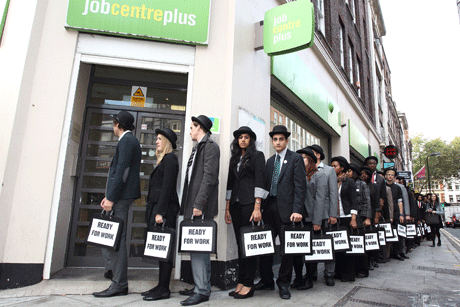 Ready for work: Campaigners queue at at jobcentre