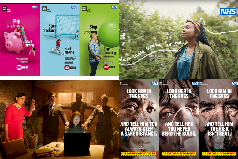 Campaign images from Stoptober, Every Mind Matters, Look Into My Eyes, and Think Before You Link
