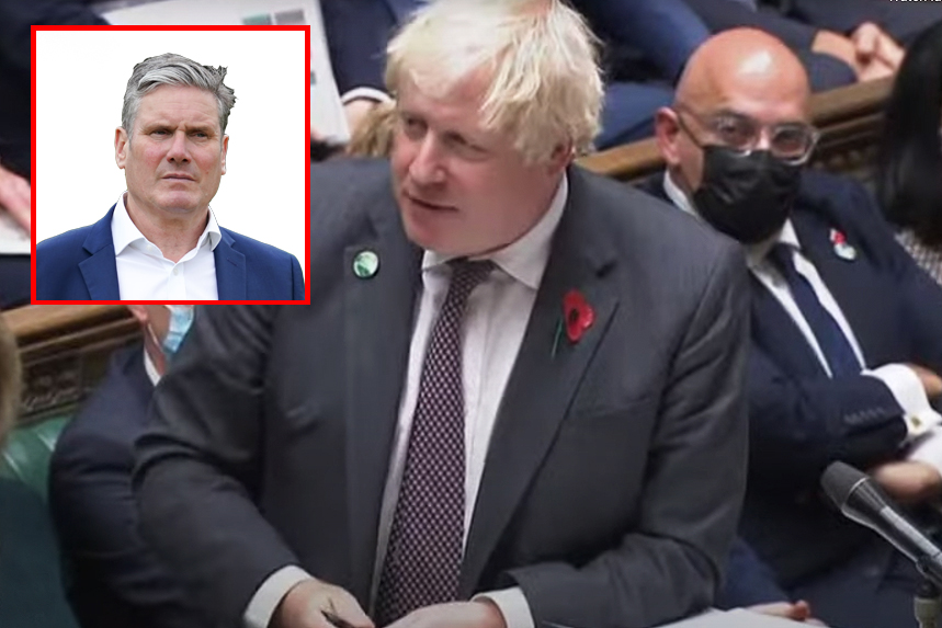 picture of Boris Johnson, with Sir Keir Starmer inset