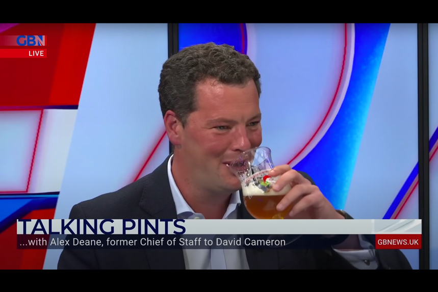 FTI's Alex Deane discusses climate change and the future of the BBC on 'Talking Pints' with Nigel Farage (Credit: GB News)