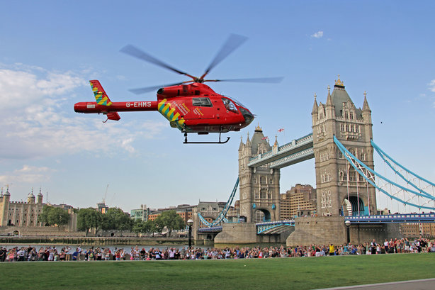 London's Air Ambulance in action over Tower Bridge. Two thirds of people do not know it is a charity