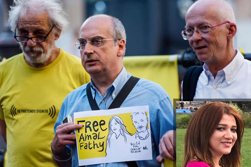 Protestors call for the release of activist Amal Fathy (inset) who was detained under new 'fake news' laws in Egypt