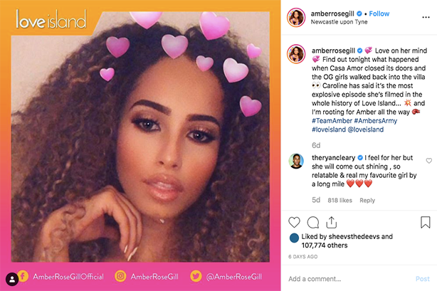 It is estimated 65 per cent of Love Island contestant Amber Rose Gill's Instagram audience is fake.