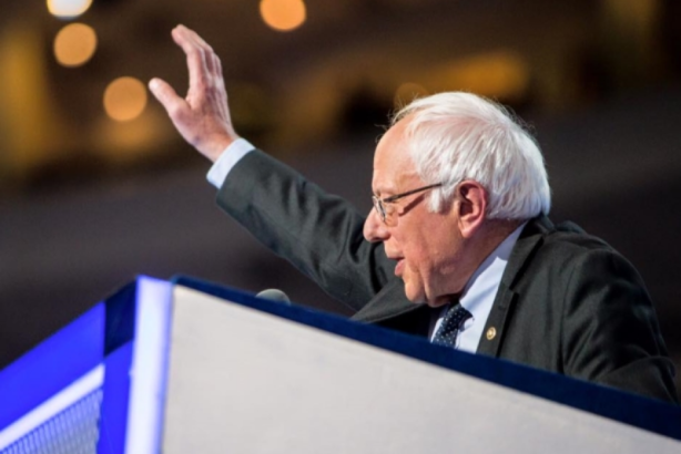Bernie Sanders speaks to the Democratic National Convention on Monday night. (Image, cropped, via DNC Facebook page).