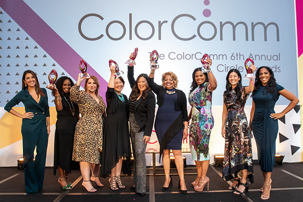 2019 Circle Award winners flanked by ColorComm founder Lauren Wesley Wilson (r) and Univision's Maity Interiano (l), who emceed the ceremony. (image courtesy of ColorComm)