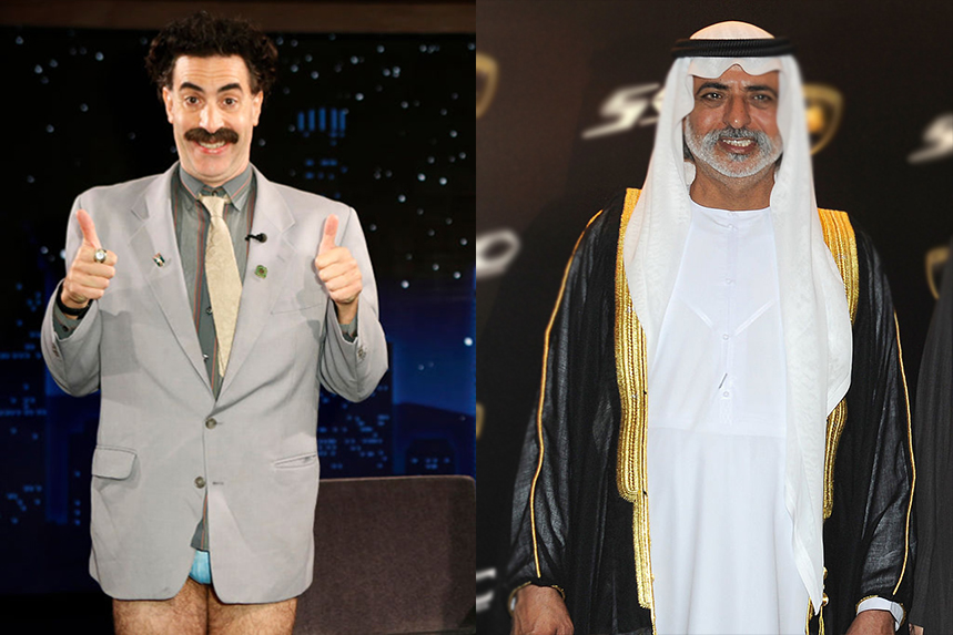 Borat's Giuliani stunt has fanned huge publicity for the movie launch, while Sheikh Nahyan has been accused of sexual assault (Photos: Getty Images)