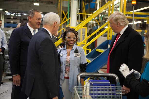 Trump and Vice President Mike Pence tour Carrier's Indianapolis gas furnace production facility upon reaching a deal with the corporation. Image courtesy of Carrier's Twitter account.