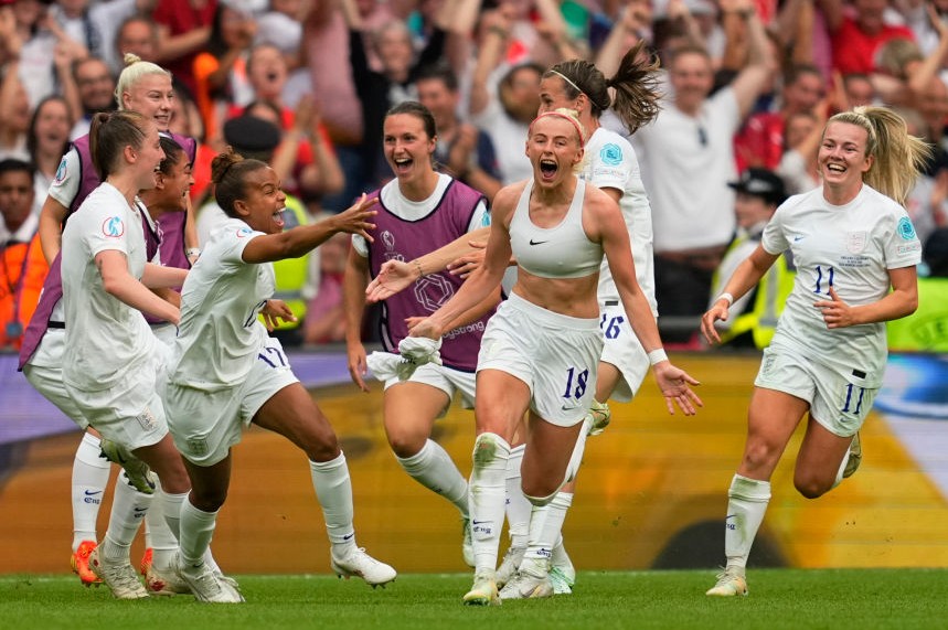 England’s Chloe Kelly celebrates scoring her team’s second goal in the UEFA Women’s Euro England 2022 final against Germany at Wembley Stadium on 31 July (Photo by Thor Wegner/DeFodi Images via Getty Images)
