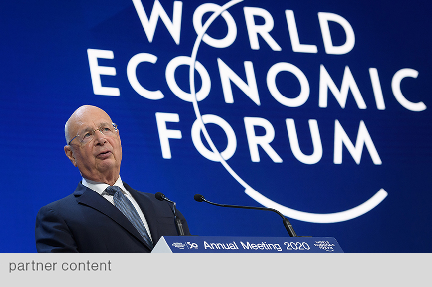 WEF founder and executive chairman Klaus Schwab kicks off the 50th anniversary gathering in Davos by launching a new Davos Manifesto (photo by Fabrice Coffrini/AFP via Getty Images)