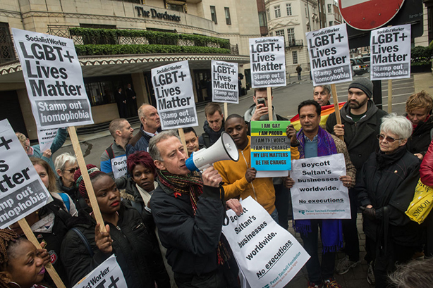 LGBT+ activists protest against the Sultan of Brunei's in front of The Dorchester on Saturday (Photo by Guy Smallman/Getty Images