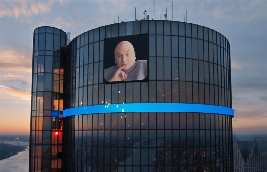 Dr. Evil from the Austin Powers franchise displayed on a video screen on General Motors' headquarters