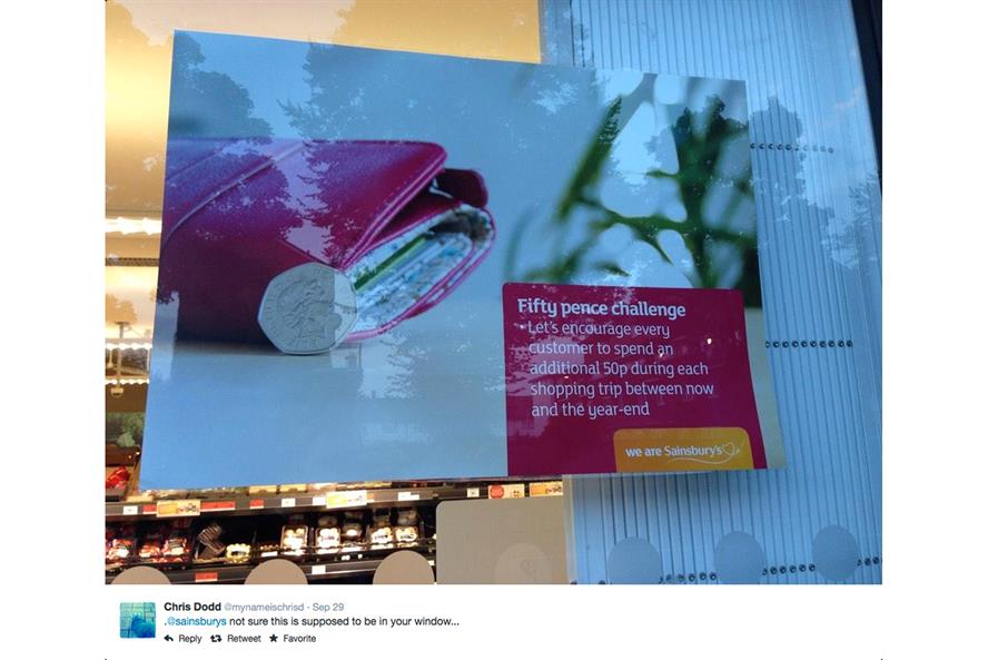 Sainsbury's: staff poster mistakenly ends up in shop window (picture credit: Chris Dodd/Twitter)