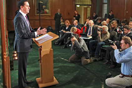 First monthly conference: Miliband addresses the media