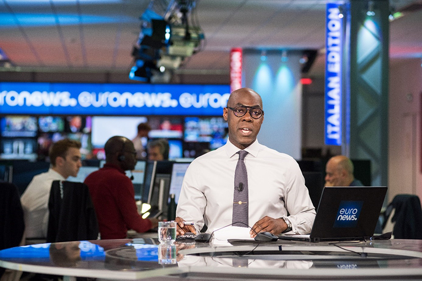 Anchor Tokunbo Salako at the Euronews headquarters studio
