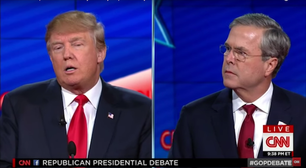 Jeb Bush and Donald Trump disagree on whether the businessman can insult his way to the presidency. (Image via CNN's YouTube page).