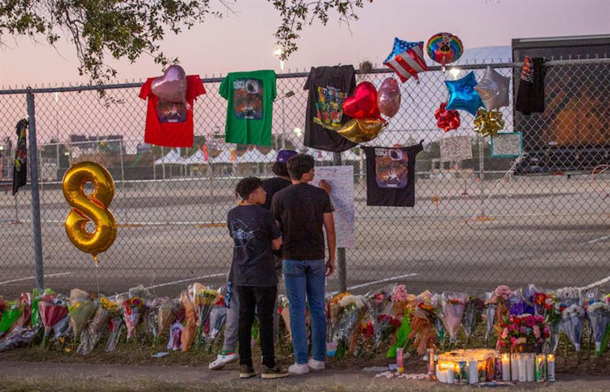 A makeshift memorial at the NRG Park grounds where eight people died in a crowd surge at the Astroworld Festival in Houston, Texas. (Credit: Getty Images)
