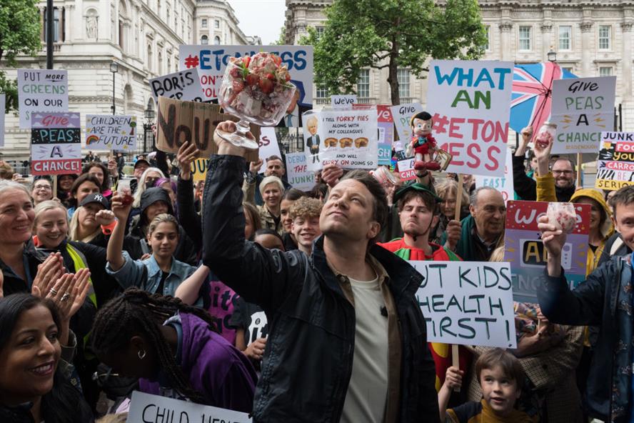 Jamie Oliver at a protest against a delay in implementing bans on multibuy deals and pre-watershed TV ads for junk food (credit: Wiktor Szymanowicz/Future Publishing via Getty Images)