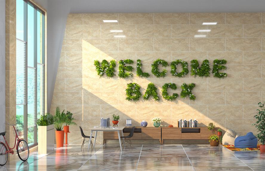Sunlit modern office with the words "Welcome Back" spelled out by hanging plants on the wall