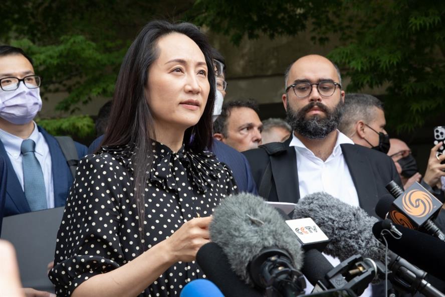 Huawei CFO Meng Wanzhou speaks to the media following her extradition hearing in Canada. (Getty Images)
