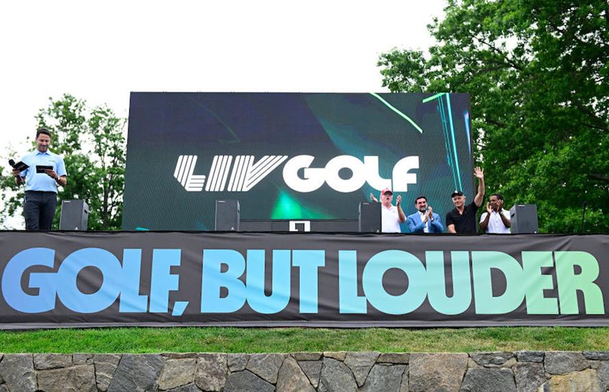 Billboard displaying LIV Golf logo at Bedminster Golf Course.