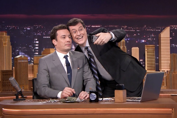 <i>Tonight Show</i> host Jimmy Fallon with David Letterman's replacement, Stephen Colbert