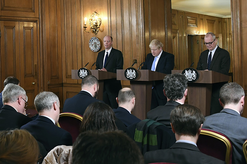 The government has shifted to daily press conferences with the Prime Minister and (left) Professor Chris Whitty and (right) Professor Patrick Vallance (pic: GettyImages) 