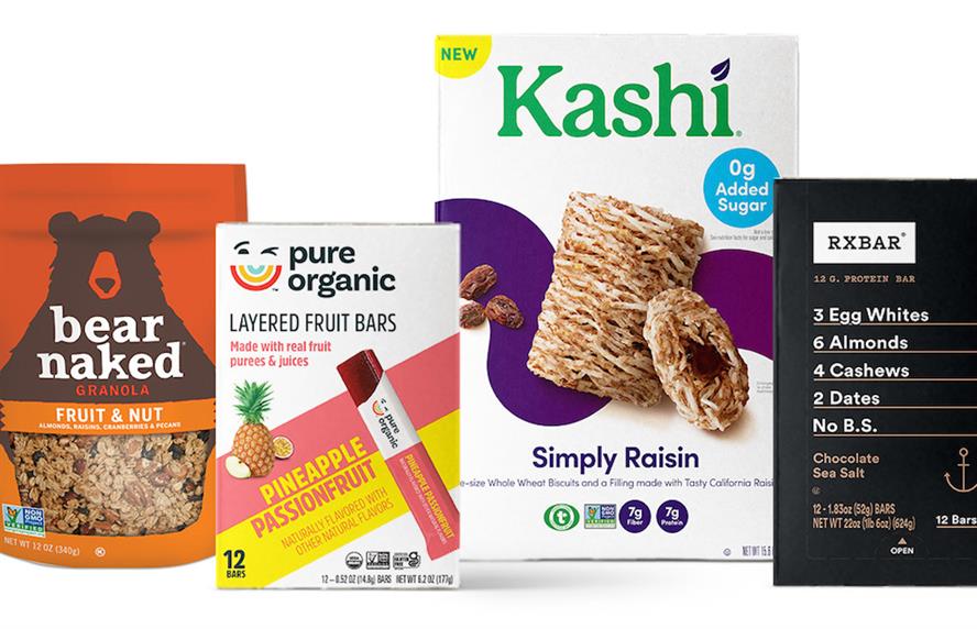 Boxes of Kellogg brands Bear Naked, Pure Organic, Kashi and RxBar. 