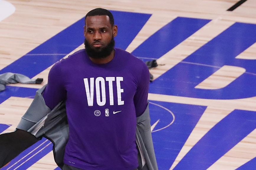 LeBron James wears a VOTE shirt during warm-up prior to the start of Game Five of the 2020 NBA Finals (Sam Greenwood/Getty Images)